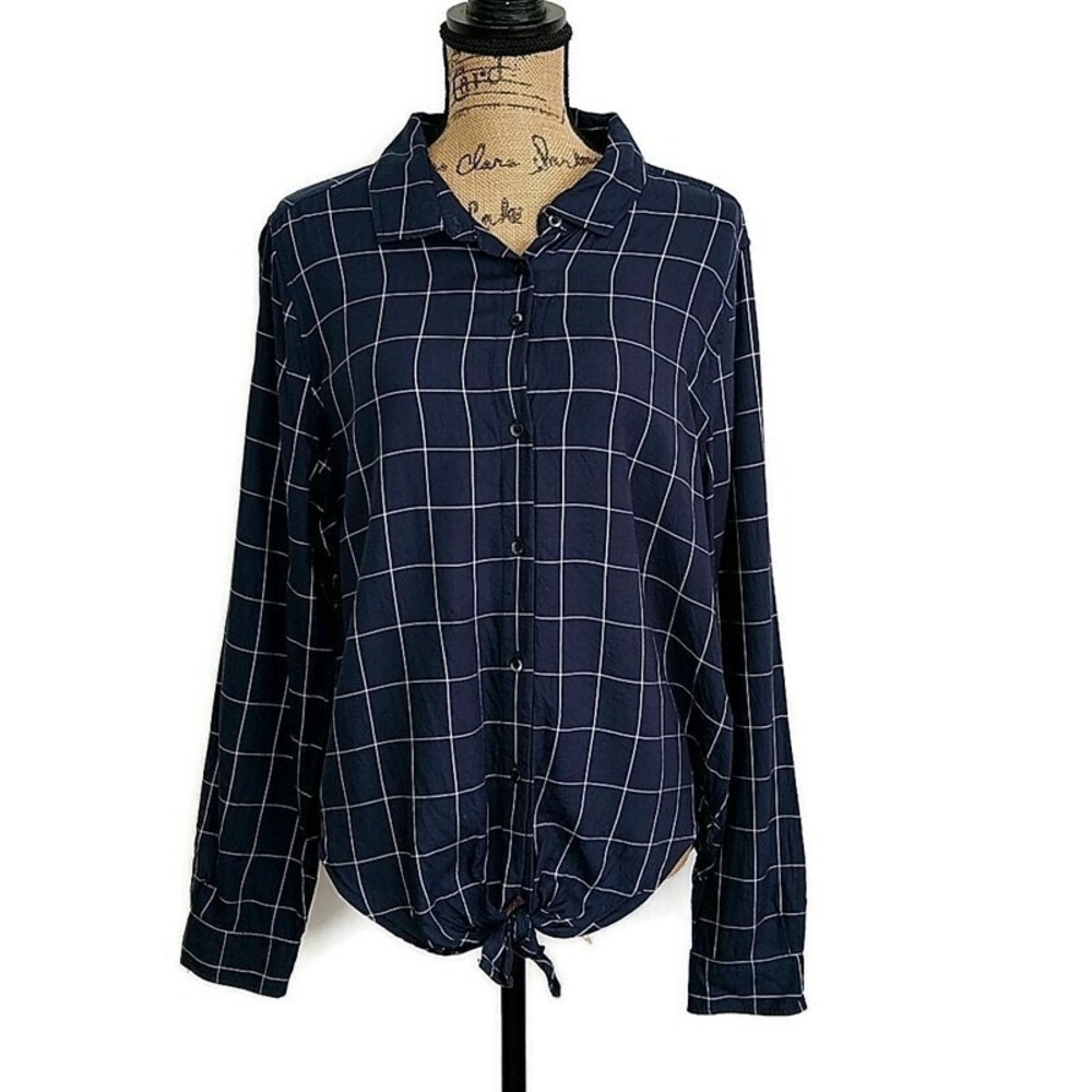 Goodthreads Navy Windowpane Plaid Button‎ Front Tie Hem Shirt Casual Office sz L